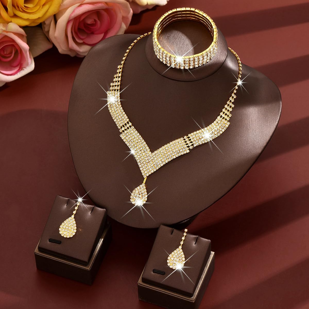 Rhinestone Jewelry Set Crystal Tassel Necklace Earrings Set Sparkly Necklace Earrings Set Wedding Prom Formal Costume Jewelry Accessories for Women - Image 3