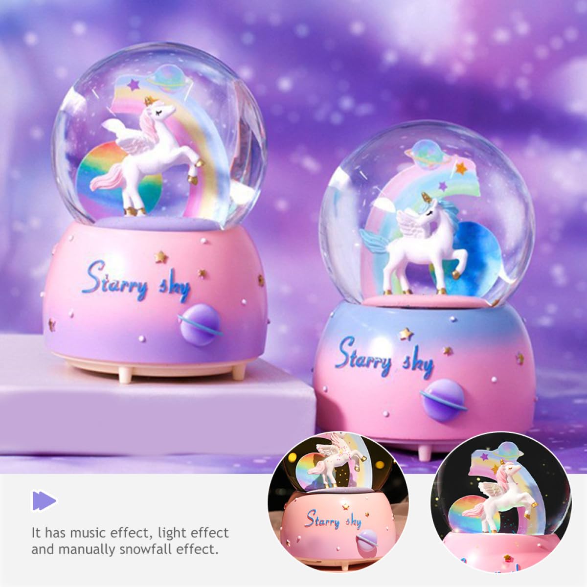 Caja de Música con Globo de Nieve Unicornio de Diseño Infantil Efecto Luz y Música Manual Decoración Navideña y Regalo Cumpleaños para Niñas Ambiente Romántico y Festivo