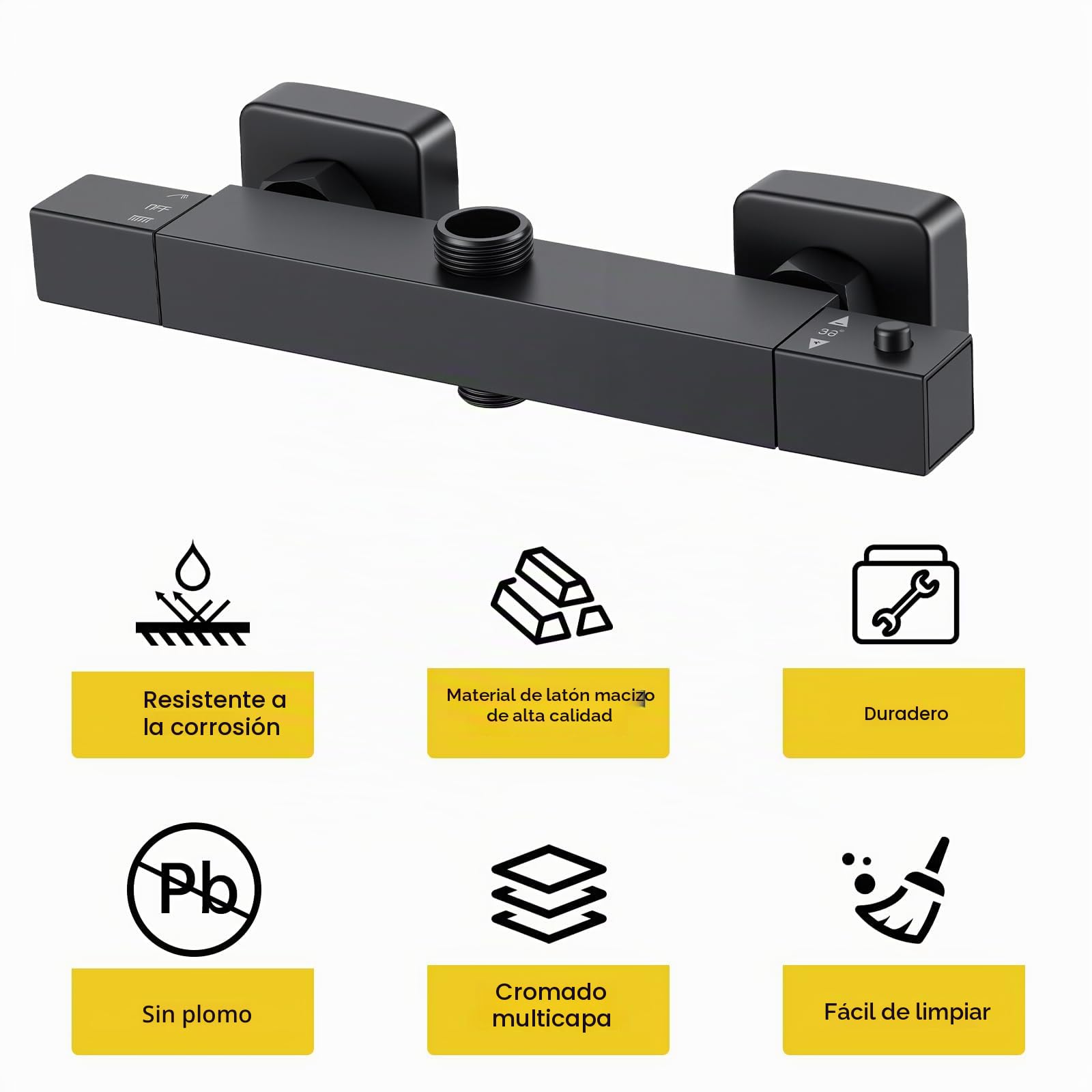 Ronvie Barra termostática de ducha - Válvula de latón montada en pared de dos salidas, cerradura de seguridad de 38 °C y superficie táctil fría con tapa G de 3/4" y conectores BSP de 1/2" G-inferior