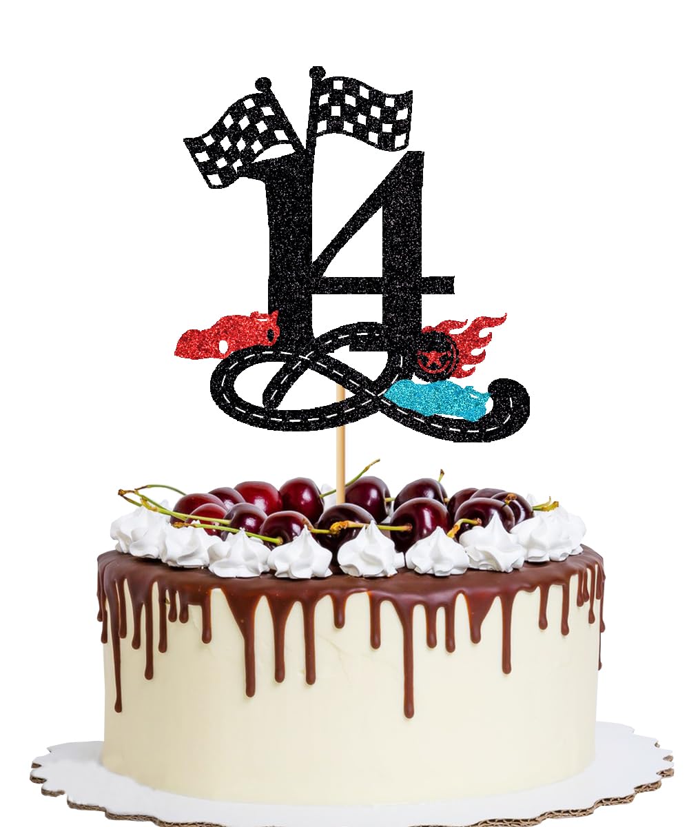 YQLXDHBD Race Car 14th Birthday Cake Topper,Glitter Fast Fourteen Cake Topper,Checkered Flag, Racing Track Child Fourteen Year Old Birthday,Boys Girls
