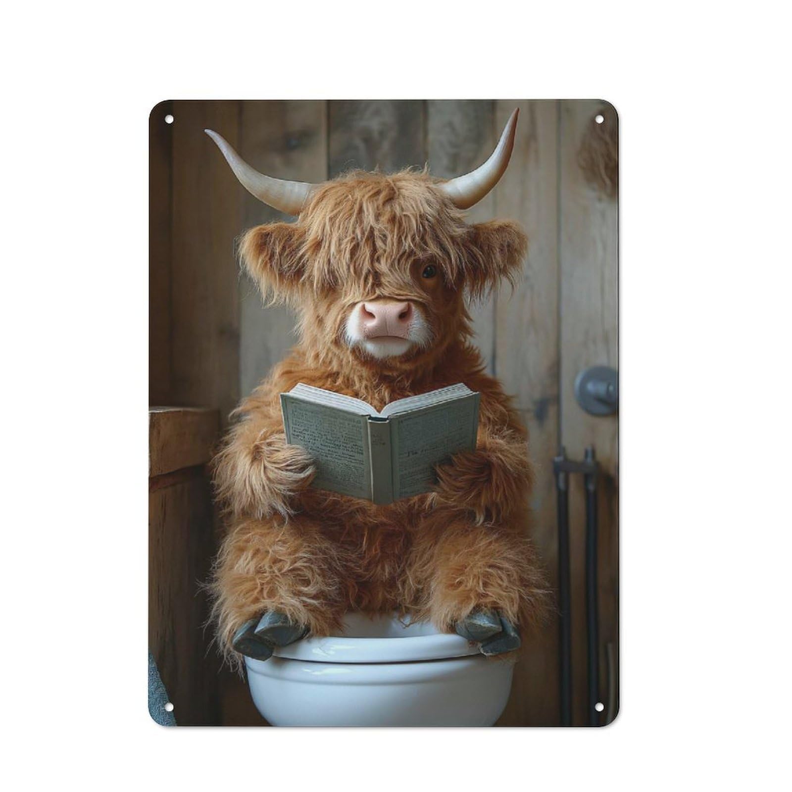 Junmoney Style-2 Highland Cow Reading On Toilet Rustic Metal Plaque 40X30cm For Café Or Restaurant, Wall Decor For People Reorganising Café And Restaurant
