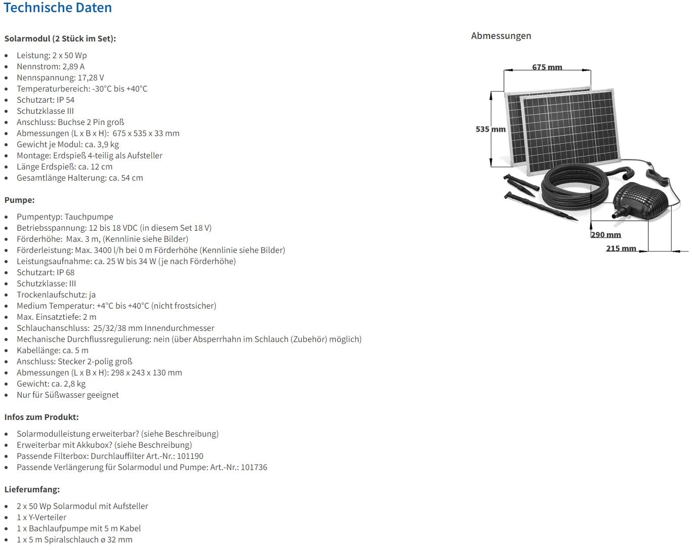 Esotec Solar Bachlaufpumpe 3400 l/h 2x50W Solarmodul Wasserfall Pumpe Gartenteich Direktbetrieb