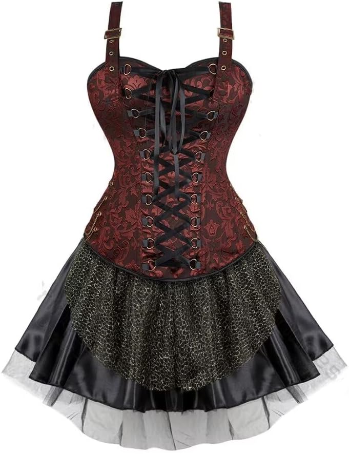 Jutrisujo Corset Dress Top Skirt Set Plus Size Bustier Outfit Lingerie Lace up Gothic Ladies Basques Medieval Women