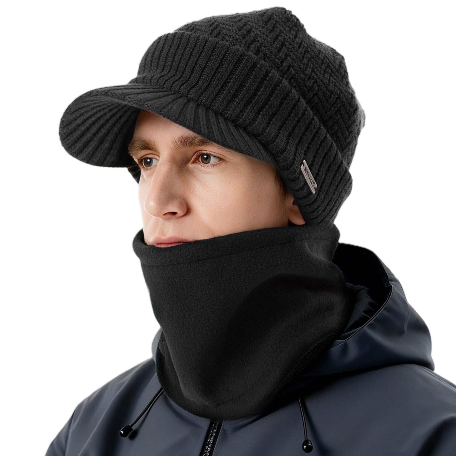 Comhats PolarWool™ Winter Peaked Beanie Hat Men Wool Knitted Wooly Hats with Peak Visor Warm Golf Hats & Thermal Snood Fleece Neck Warmer