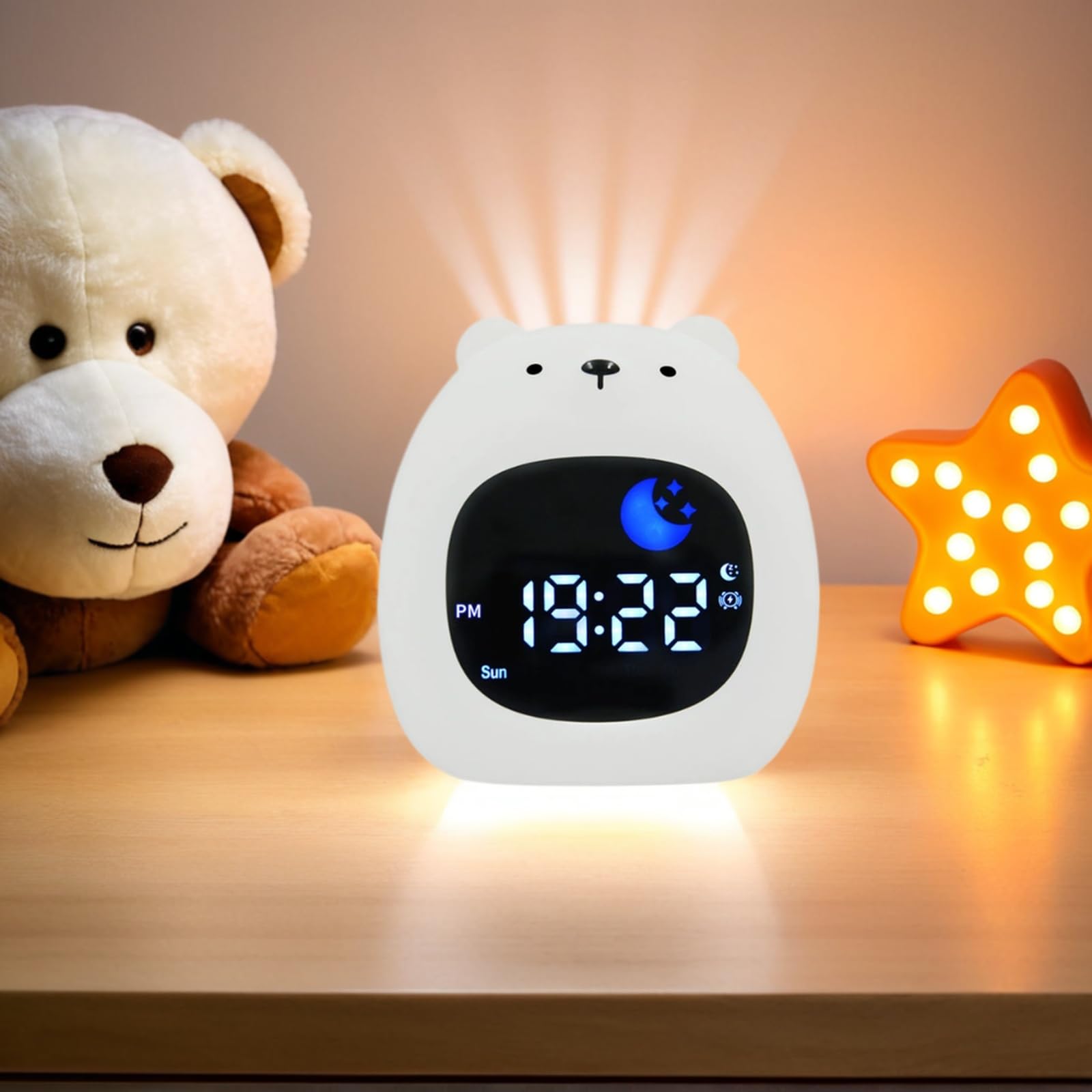 xinjinhju Kids Alarm Clock Night Light with 9 Colors Light and 6 White Noises, Sleep Training Digital Clock, Adjustable Bright and Sound, Gifts for Boys Girls - Bear