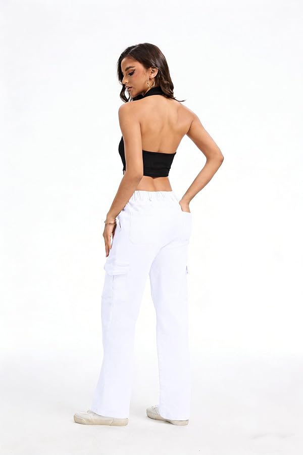 SESERAGI Cargo Jeans for Women Stretchy Baggy Wide Leg Drawstring Work Denim Pants with 6 Pockets Trousers Colored Jeans White L by SESERAGI - Used condition - Image 2