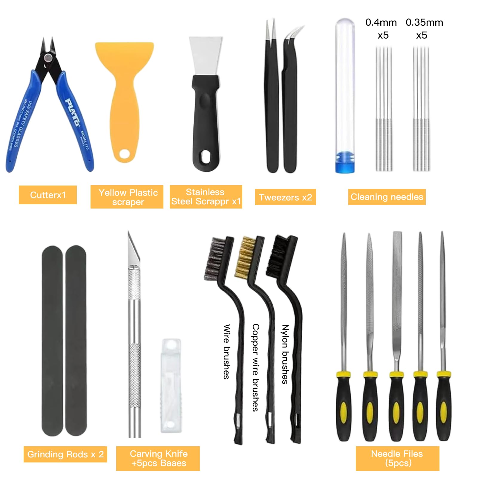 Set di strumenti per stampante 3D, kit di accessori per stampante 3D da 30 pezzi, set di pulizia e rimozione sbavature, pinzetta, taglierina, lime per aghi, spazzole di pulizia, barre per levigatura e
