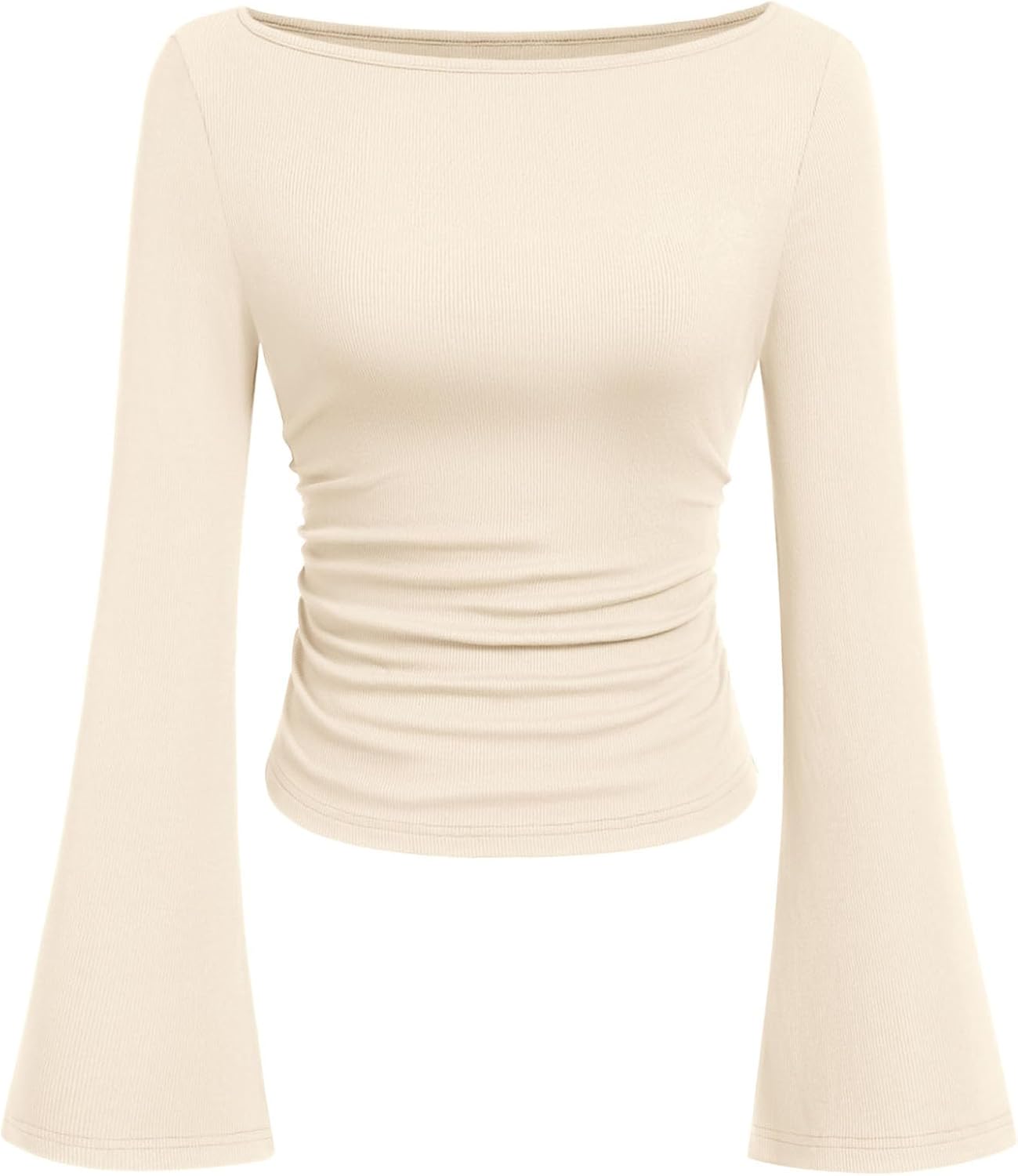 Women's Long Sleeve Shirts 2025 Fall Crop Going Out Tops Casual Boat Neck Bell Sleeve Ribbed Ruched Y2K Clothes (Beige,Medium)