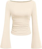 PRETTYGARDEN Women's Long Sleeve Crop Top Boat Neck Bell Sleeve Ribbed Ruched Y2K Tops for Fall Spring