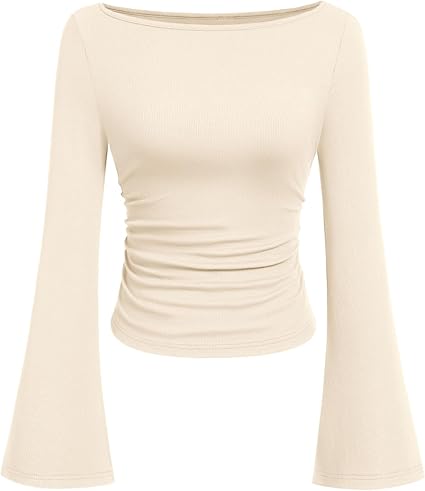 PRETTYGARDEN Women's Long Sleeve Shirts 2025 Fall Crop Going Out Tops Casual Boat Neck Bell Sleeve Ribbed Ruched Y2K Clothes