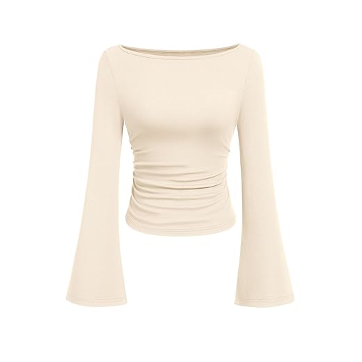 PRETTYGARDEN Women's Long Sleeve Shirts 2025 Fall Crop Going Out Tops Casual Boat Neck Bell Sleeve Ribbed Ruched Y2K Clothes
