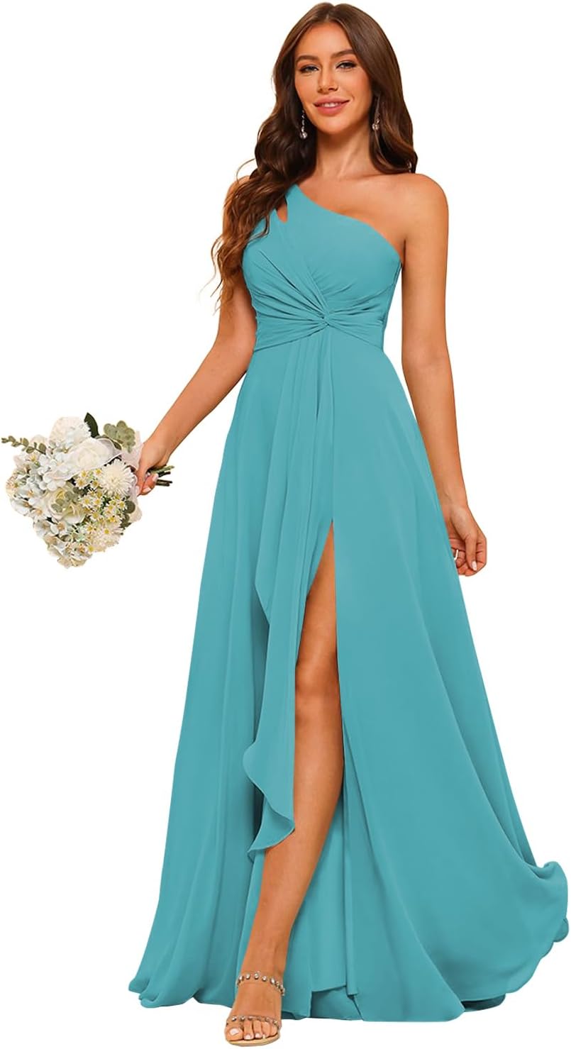 RSOETOO Chiffon One Shoulder Bridesmaid Dresses with Slit A-Line Long Formal Party Dress with Pockets RON022