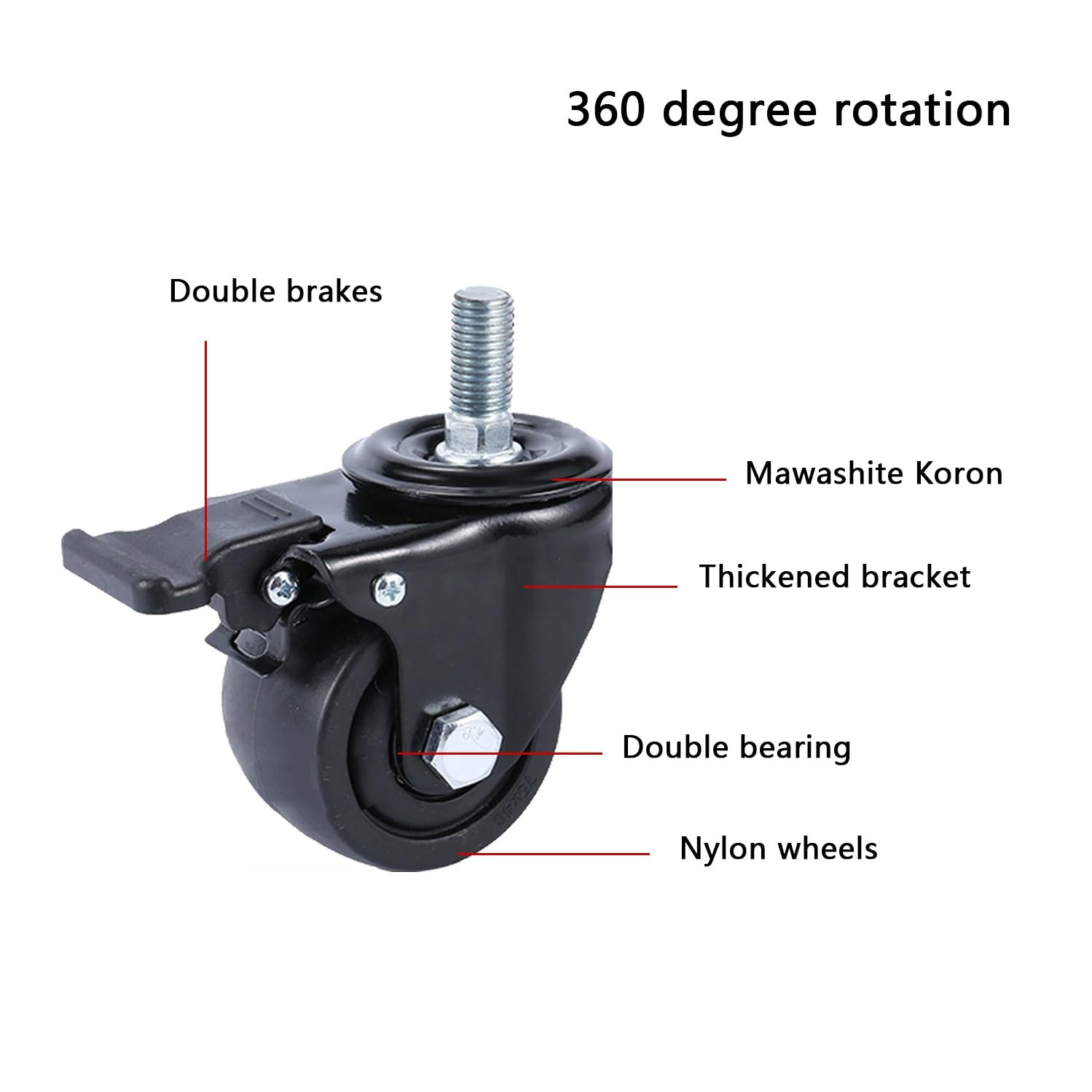 per carichi Pesanti 3" M12 16 Ruote con Perno filettato 360° Rotante Silenzioso Ruote 1600 lbs capacità di carico Set da 4 (2 Girevole + 2 con Freno) per Industriale Uso