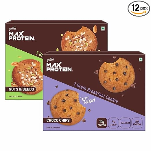 RiteBite Max Protein 7 Grain Breakfast Cookies - Choco Chips 660 g - Pack of 12 ( 55g x 12 ) + Nuts & Seeds 660 g - Pack of 12 ( 55g x 12 ) Combo . Protein | Fiber | Calcium | No Maida | GMO Free | No Preservatives