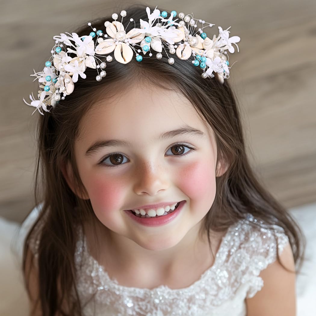 IYOU Seashell Wedding Hair Vine White Pearl Bridal Headbands Floral Mermaid Bride Hair Accessories for Women - Image 3