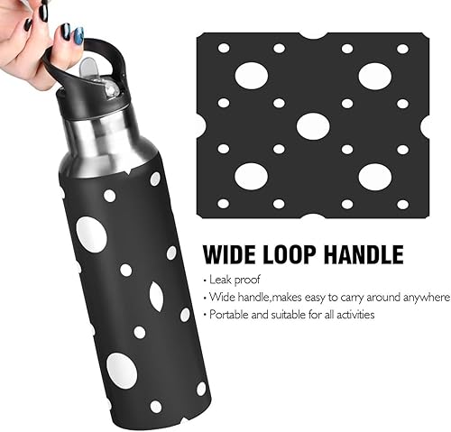Miniatura 4 de Botella de agua de acero inoxidable con lunares blancos, color negro, 32 onzas, sin BPA, botella de agua deportiva aislada a prueba de fugas
