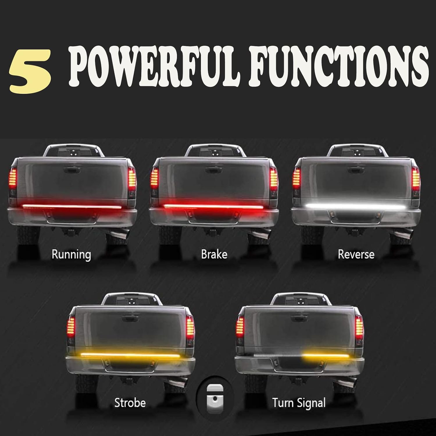 LED Tailgate Light Bar Triple Row 60'' Truck Tailgate Strip Light 5 Functions Red Brake/Amber Turn Signal/White Revers/Double Flash/Running Light IP67 Waterproof LED Tailgate Light Bar