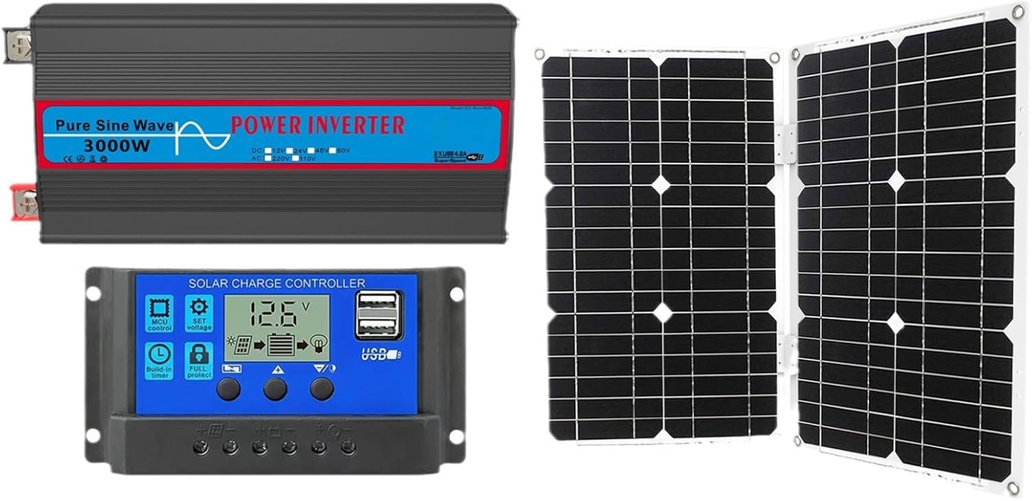 3000W Solar Inverter Kit with 50W Folding Solar Panel, 30A Controller, DC 12V/24V to 110V/220V, Ideal for Home Backup Power and Off-Grid Solutions