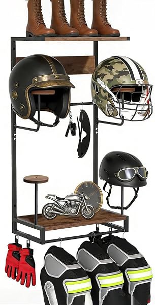ヘルメットホルダー 壁掛け式 オートバイヘルメットハンガー 多機能収納ラック 帽子スタンド 帽子掛け グローブクリップ 4 個・収納フック 5 個付き キーハンガー付属 省スペース バイクアクセサリー スポーツ用品の収納・整理に対応 玄関・ベランダ・収納室・ガレージ用(約 42×26×83cm) - 1