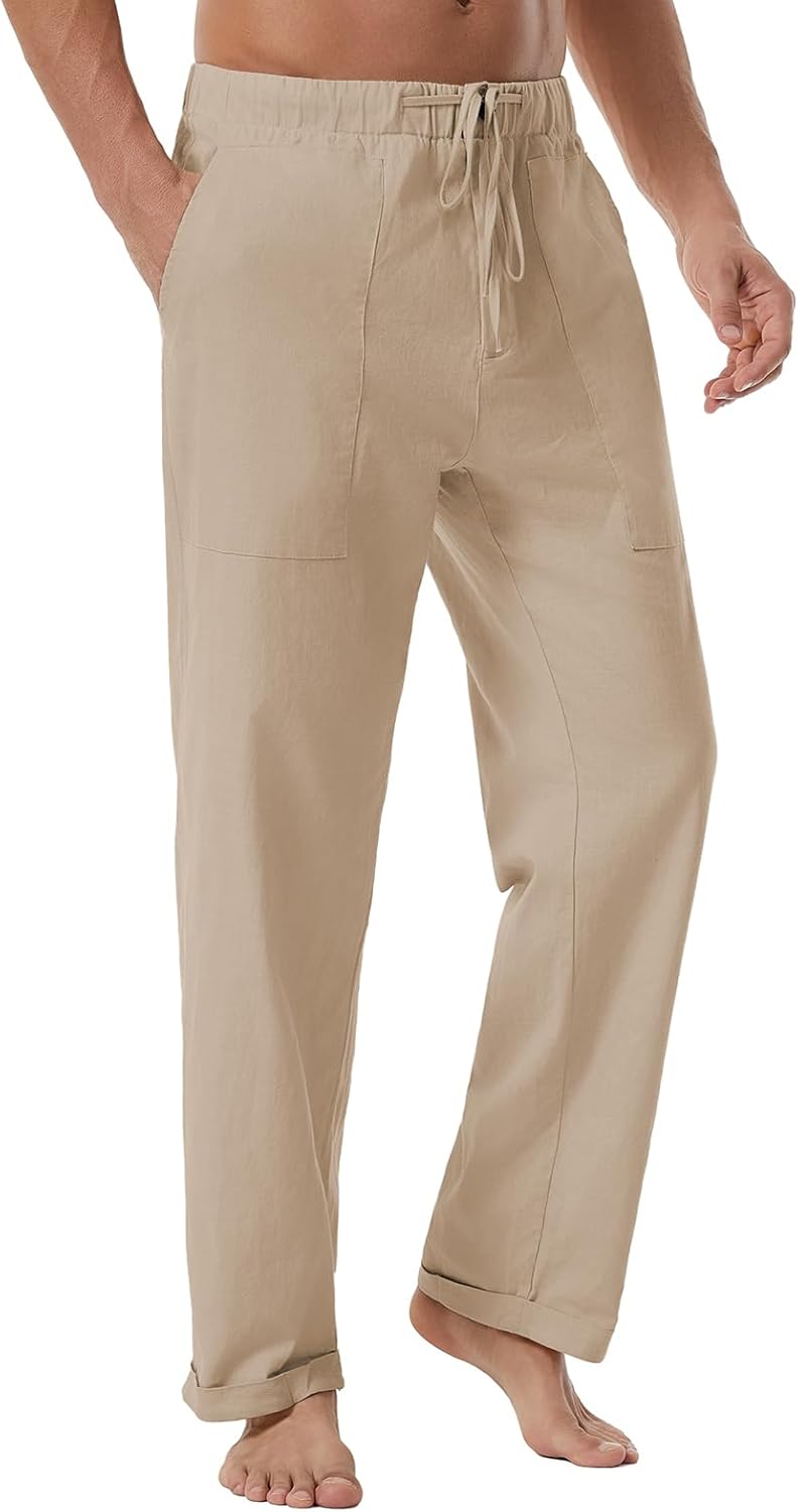 Mens Linen Pants Loose Fit Elastic Waist Drawstring Casual Summer Beach Pants with Pockets Trousers for Men - Image 2