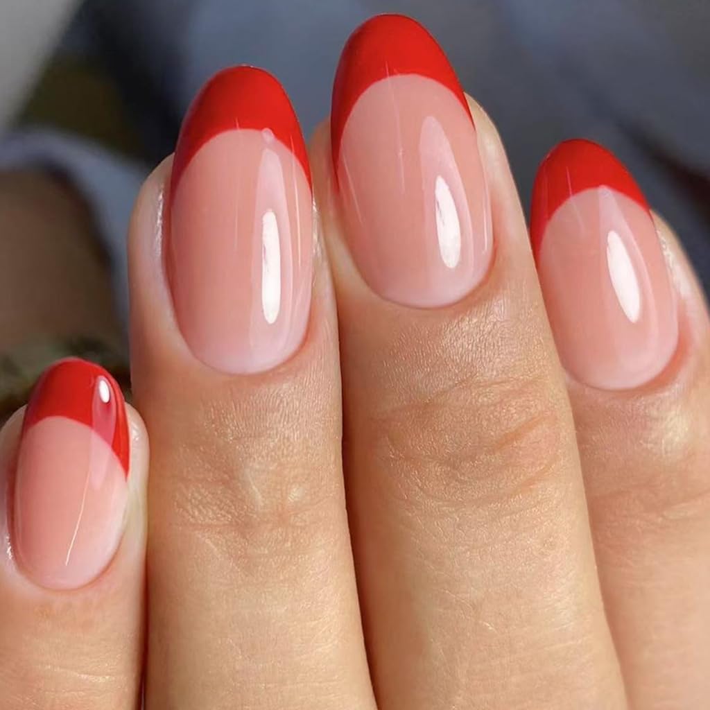 French Styles 24Pcs Glossys Red Holiday Design Short Almond Shape Sparkles Easy Application
