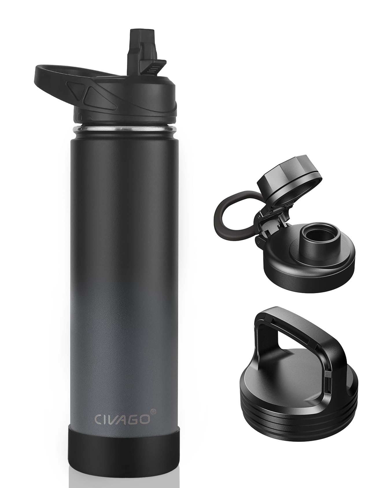 CIVAGO 24 oz Insulated Stainless Steel Water Bottle With Straw and 3 Lids | Large Metal Sports Water Jug Leakproof Reusable Wide Mouth Thermal Flask Cup with Silicone Boot, BPA-Free, Gradient Gray