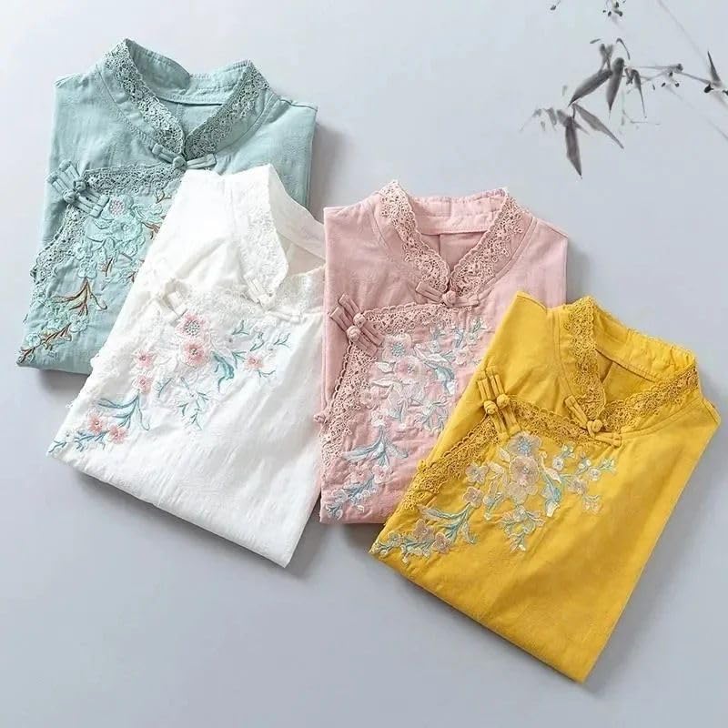 Cheongsam Top de Algodón y Lino con Bordado Tradicional Chino 3