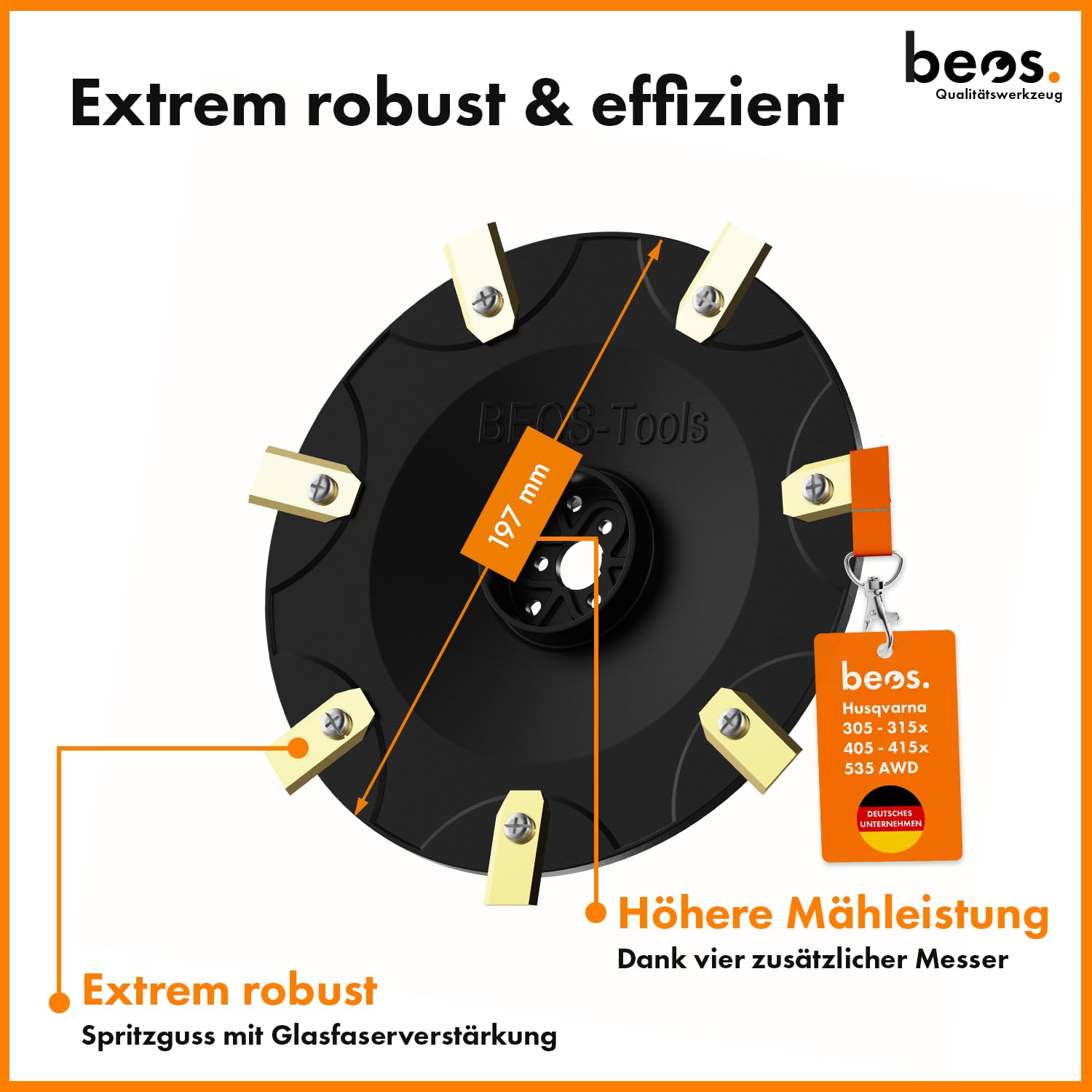BEOS Premium Mähroboter Tuning Messerscheibe - glasfaserverstärkter Messerteller für 7X Klingen - Husqvarna 305|310|315|405x|410x|430x|435x|535 AWD ab Baujahr 2018 - Ø 197 mm