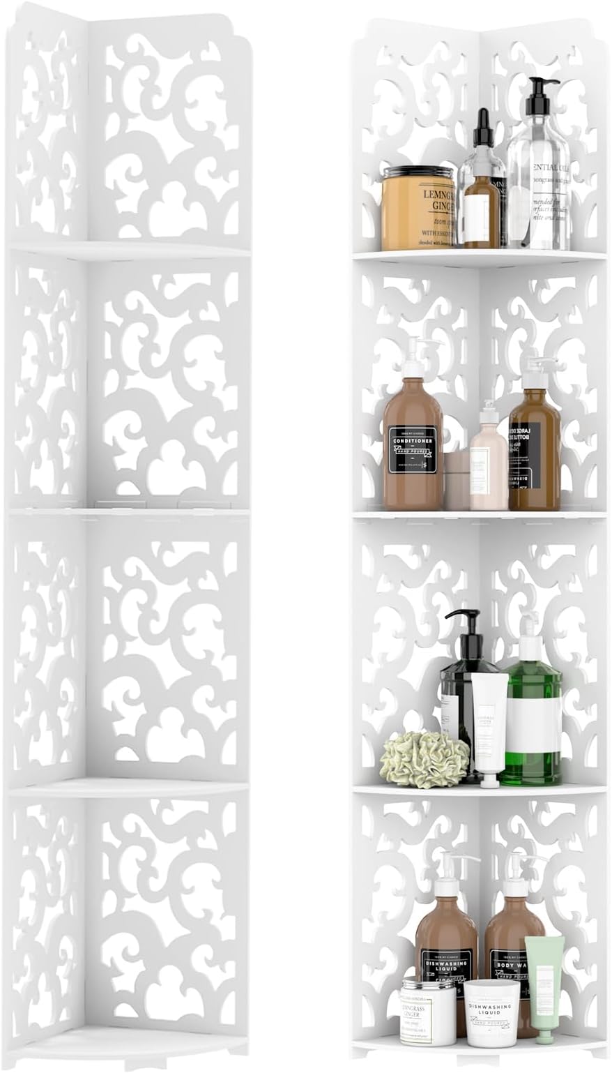 4 Tier Hollow Curved Corner Shelf, Freestanding Tall Corner Shelves Unit, PVC Corner Rack Bookshelf Plant Standing Rack Display Open Storage Unit for Living Room Home Office Bathroom Kitchen, White