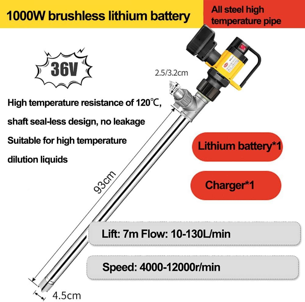 Electric Oil Transfer Pump Barrel Pump, 130L/min Large Suction Fuel Drum Pump, Battery Powered Diesel Transfer Pump with 3 Adjustable Speed, High Viscosity Liquid Transfer (A)
