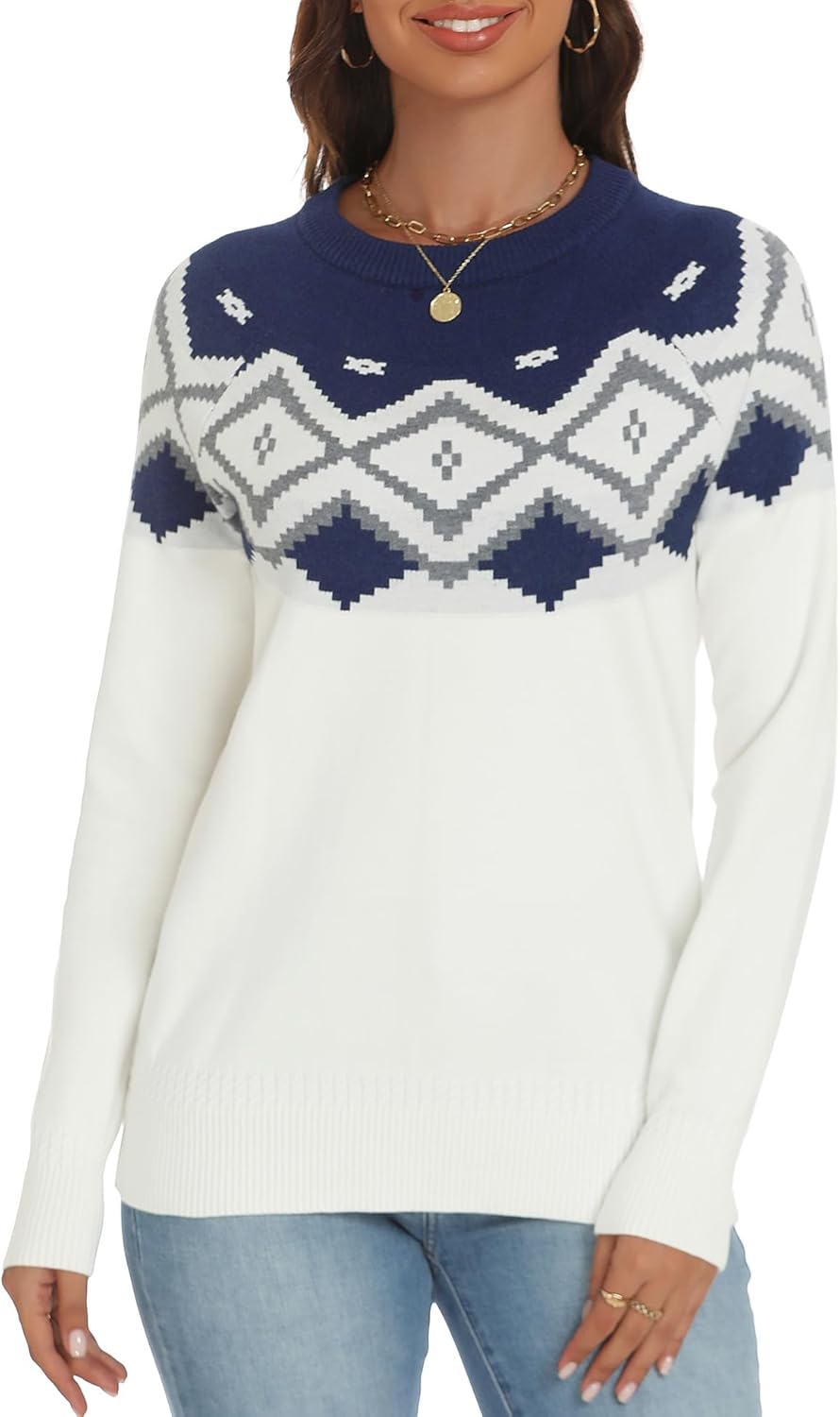 LOMON Womens Casual Lightweight Vintage Fair Isle Sweater Raglan Sleeve Crew Neck Knitted Pullover Comfy Warm Fall Tops - Image 2