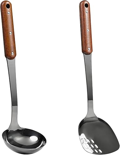 Miniatura 12 de FJNATINH - Juego de utensilios de cocina de acero inoxidable, pulido en espejo, set de 6 piezas, con mango de madera, antiadherentes y resistentes