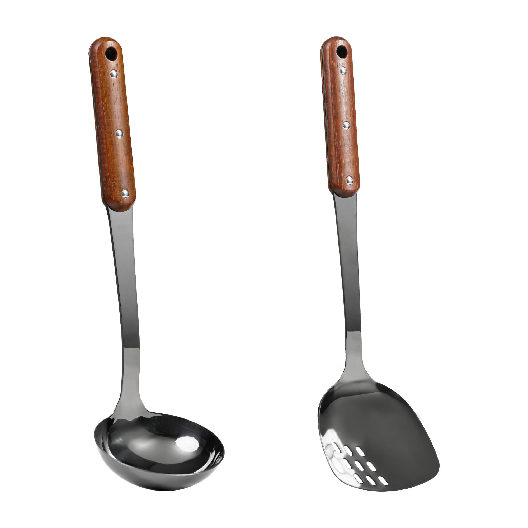 FJNATINH Stainless Steel Wok Spatula and Ladle Tool, Mirror Polished Cooking Utensils Set Metal Wok Accessories with Wooden Handle,Easy to Clean Kitchen Utensils,Black