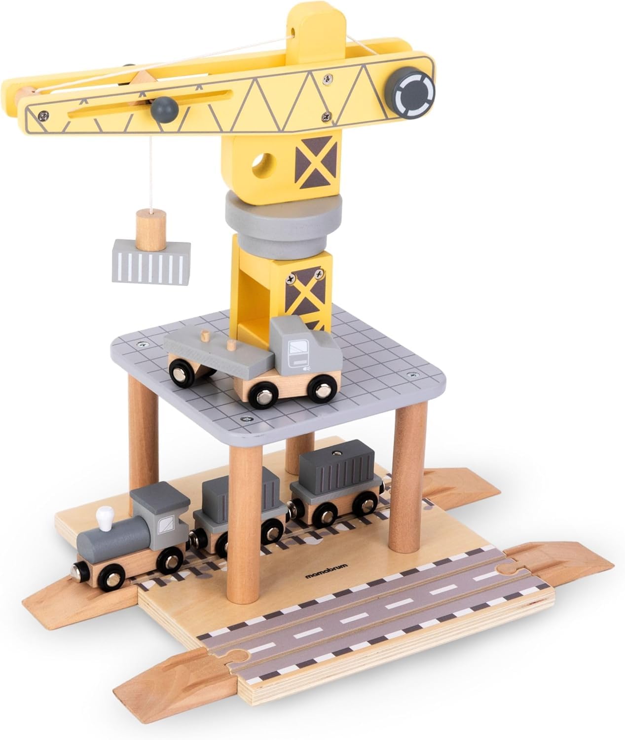 Mamabrum GRÚa Portuaria de Madera con Imán y Accesorios - Juguete Educativo Similar a Lego Duplo - Camiones de Juguete para Niños - Tractor y Remolque 24x34x35cm