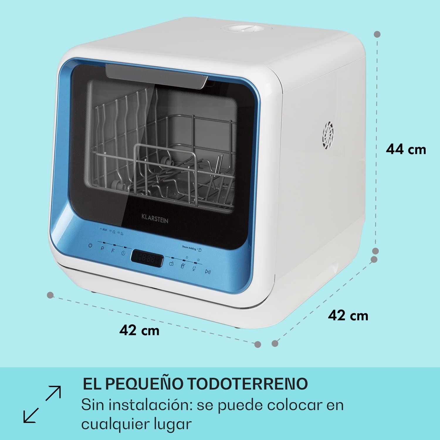 Klarstein Amazonia Mini Lavavajillas – Compacto, 7 Programas, 5L Depósito o Conexión Directa, Silencioso 58dB, Clase energética D, Pantalla Digital, Lavavajillas Portátil para Cocina Pequeña, Azul