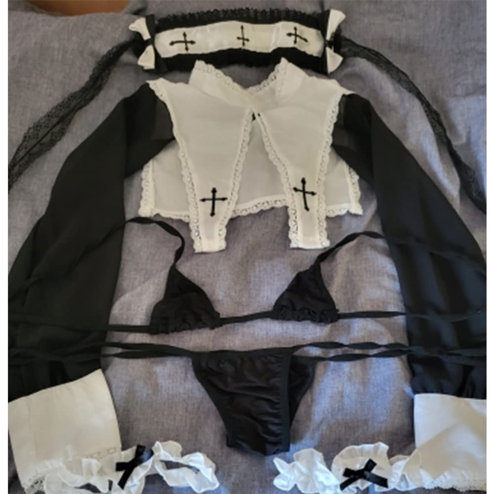 JasmyGirls Kawaii Lingerie Sexy Bad Nun Cosplay Costume Devil Anime Bikini Maid Roleplay Outfit Japanese Lolita Bra and Panty Set Black