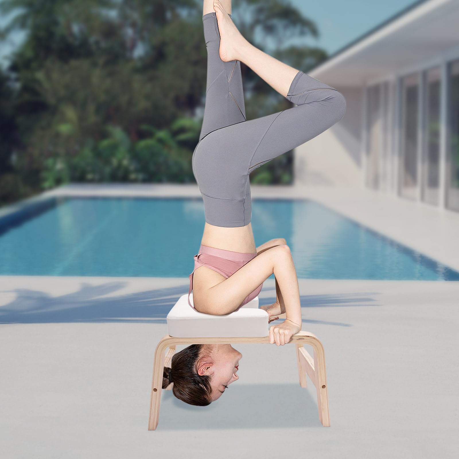 Panca da yoga in legno massello e poliuretano, portata 200 kg, multifunzione con blocco a T per posizione di mano e inversa, facile da montare (bianco)