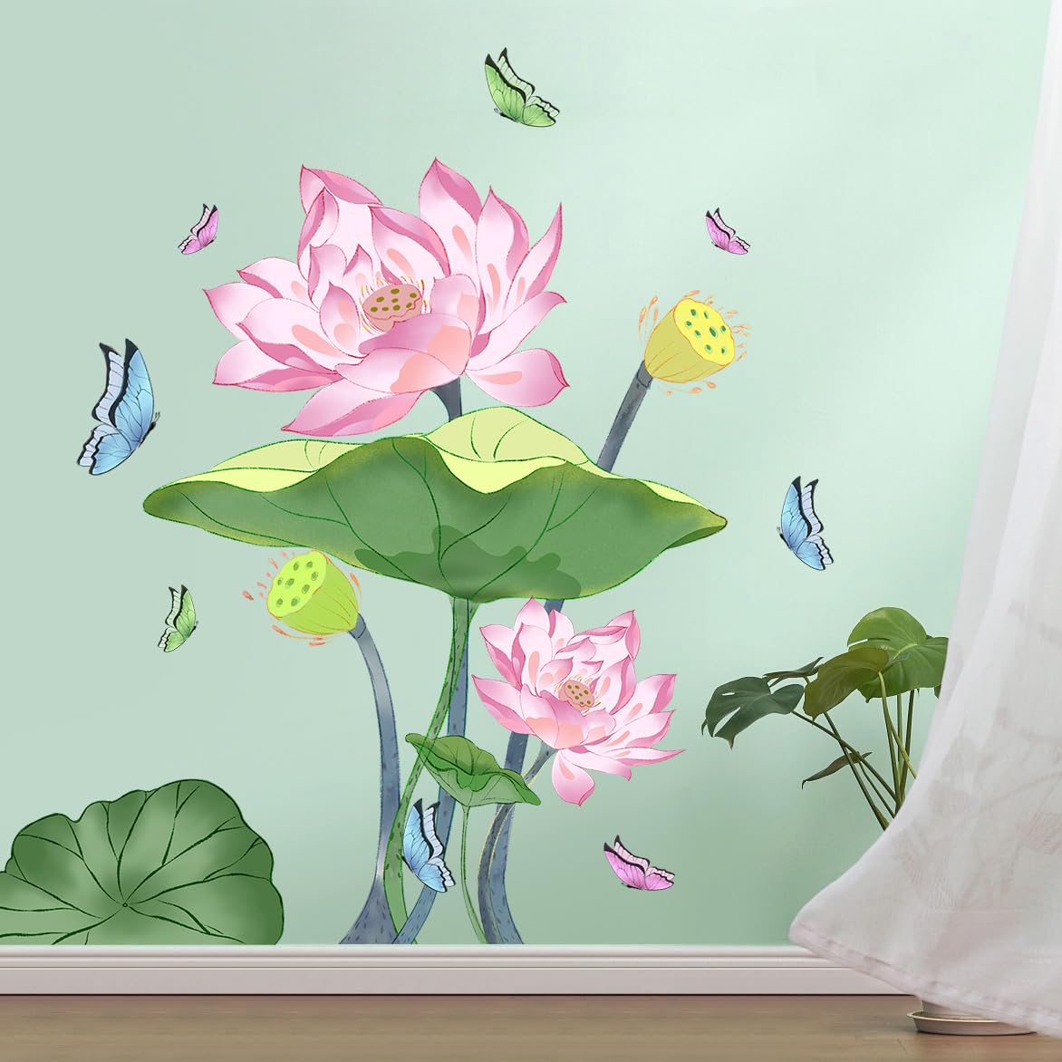 Buiory 3D Removable Fresh Green Lotus Leaf Wall Decals DIY Lotus Flowers Wall Sticker Peel and Stick Floral Wall Home Decor for Kids Bedroom Living Room Bathroom Office Girls Nursery TV Sofa