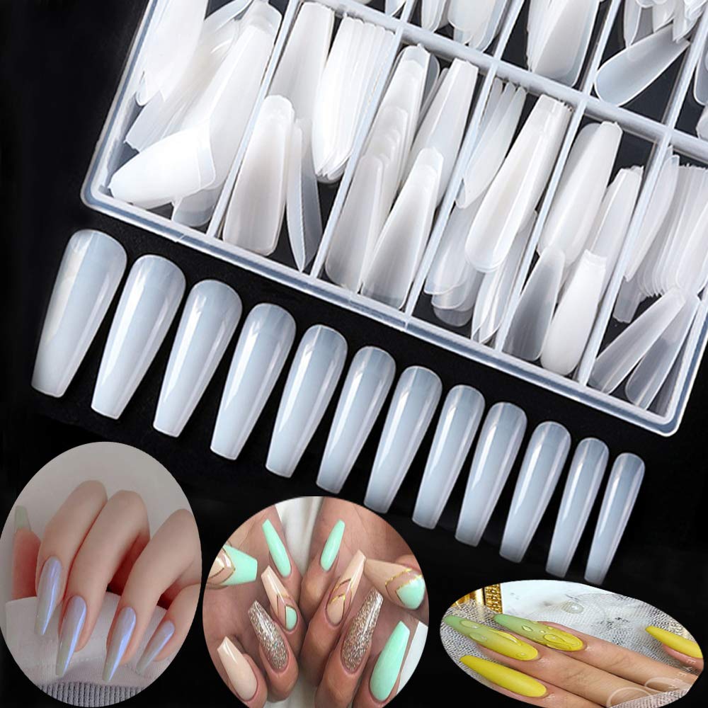 AM RONG MAGIC600pcs Coffin Fake Nails - Full Cover Natural Ballerina False Nail Acrylic Nail Tips with Case, Artificial Nails10 Sizes for Nail Salons and DIY Manicure