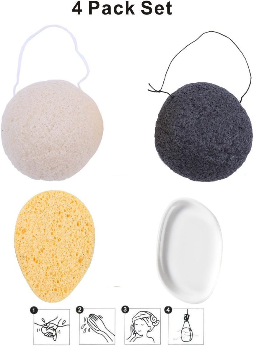 Konjac Sponges Face Sponge Make Up Natural Activated Bamboo Charcoal Makeup Cellulose Puff for Facial Cleansing Exfoliating Sensitive Skin with Silicone Sponges Gift (4 Pack)