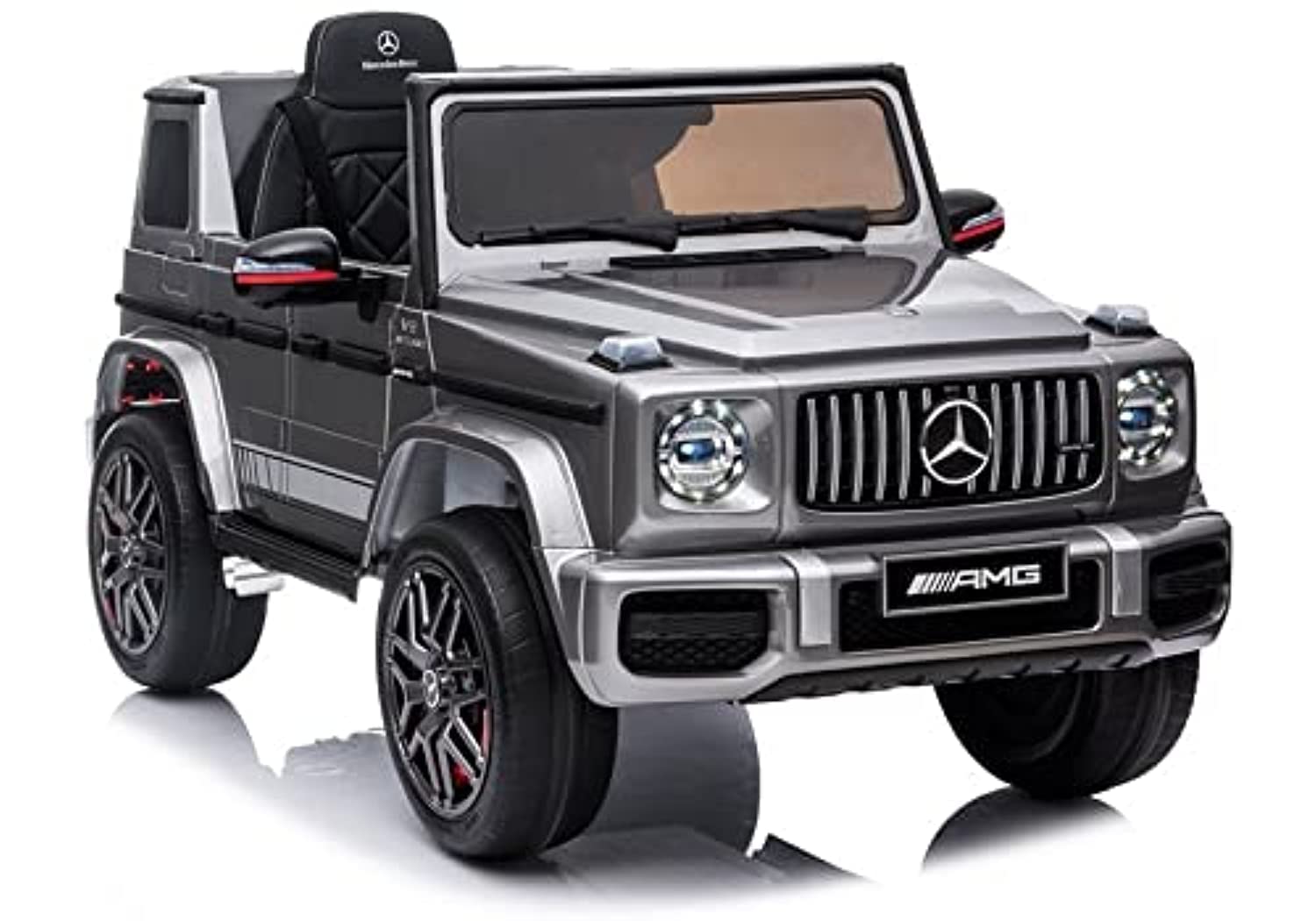 DERAK AMG EVA Leather G63 12V Ride On Car with Remote Control for Kids, Suspension System, Openable Doors, LED Lights, MP3 Player, New Version,– SILVER Painting