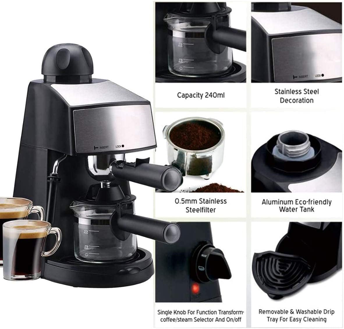 5Bar Espresso Machine, Semi Automatic Steam Coffee Machine 240Ml Water Tank, Can Make Latte Mocha Coffee and Cappuccino Coffee