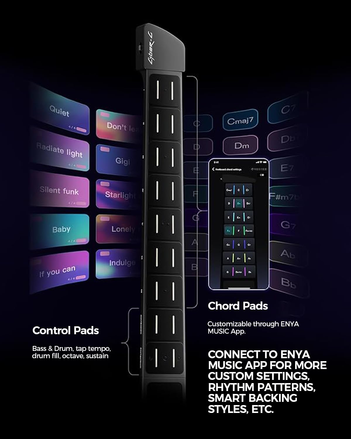 Enya CYBER-G inteligentna gitara bez strun z przyciskami LED i aplikacją | Cicha gitara z perkusją i basem, setki presetów, interaktywna aplikacja akordowa do nauki i występów