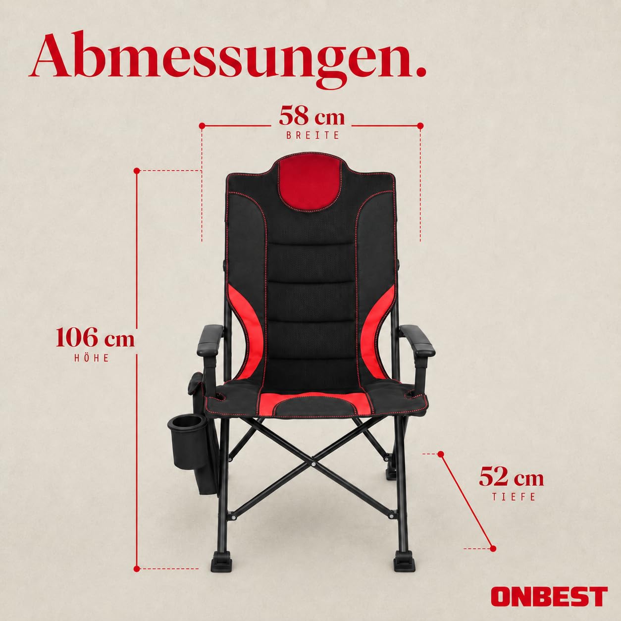 Onbest Campingstuhl faltbar, Hochlehner bequem gepolstert mit viel Stauraum, Getränkehalter, 2 Armlehnen, bis 150 kg belastbar, Klappstuhl kompakt & leicht mit Tasche, Camping Stuhl