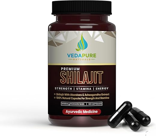 VEDAPURE Premium Shilajit | Ayurvedic Shilajit with Akarkara, Ashwagandha & Safed Musli Exact | Lab Tested Shilajit – 1000 Mg, 60 Capsules