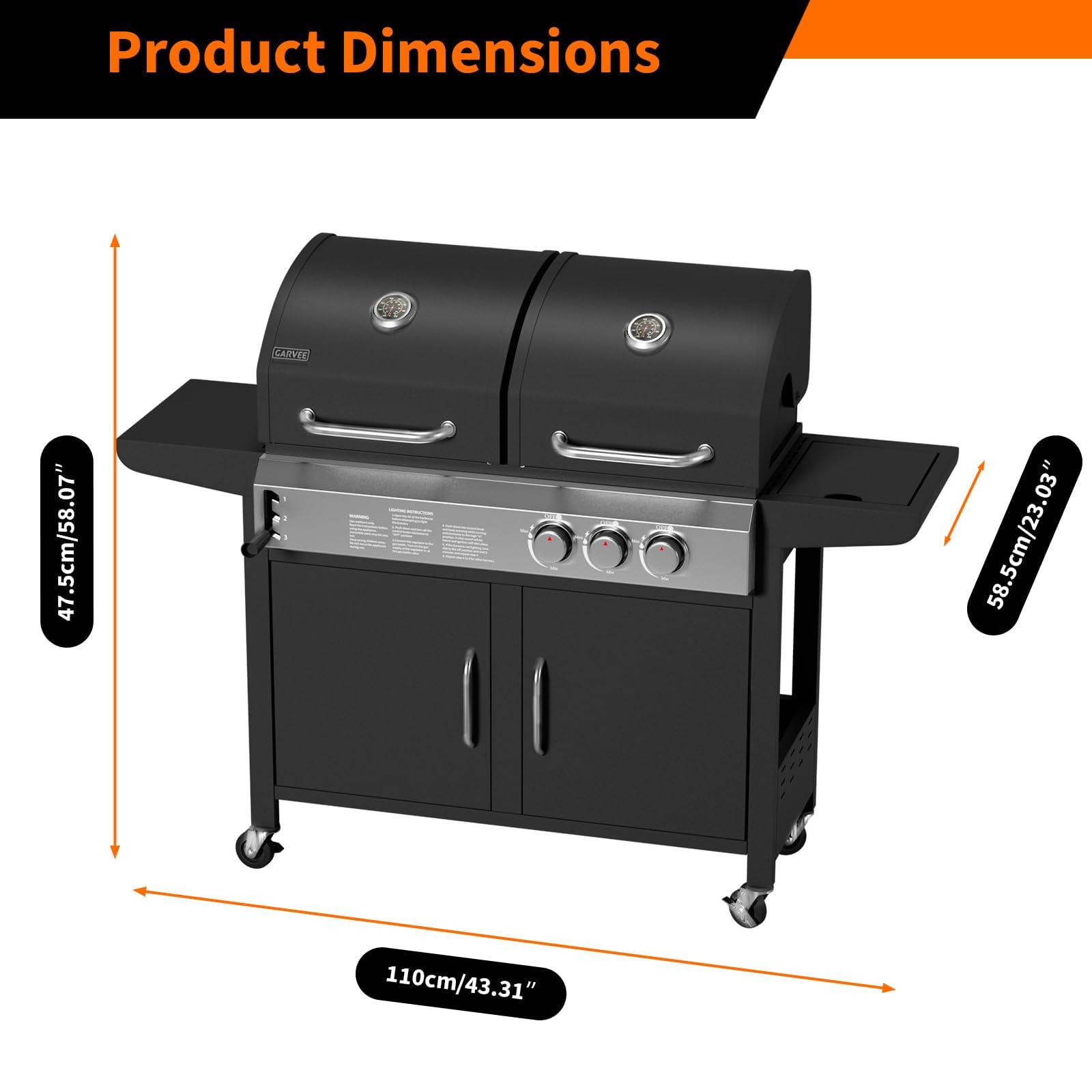 GarveeHome Plancha Gasgrill & Holzkohlegrill Kombi mit Seitenbrenner, 24.000 BTU Dual Fuel BBQ, emaillierter Gusseisenrost, Kochfläche, Gasgrill klein für Balkon, Terrasse, Camping
