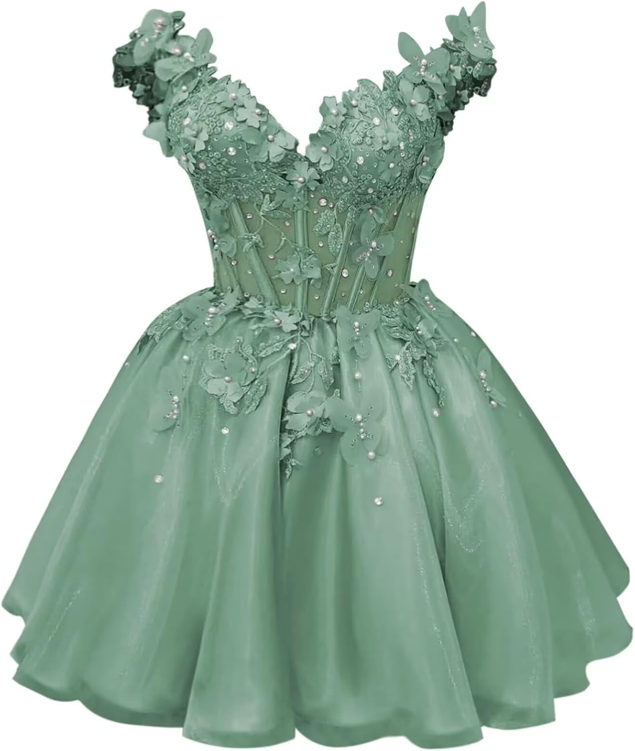 Women's Off Shoulder Quinceanera Dresses Short 3D Butterfly Homecoming Dresses for Teens Prom Dress Floral Beaded