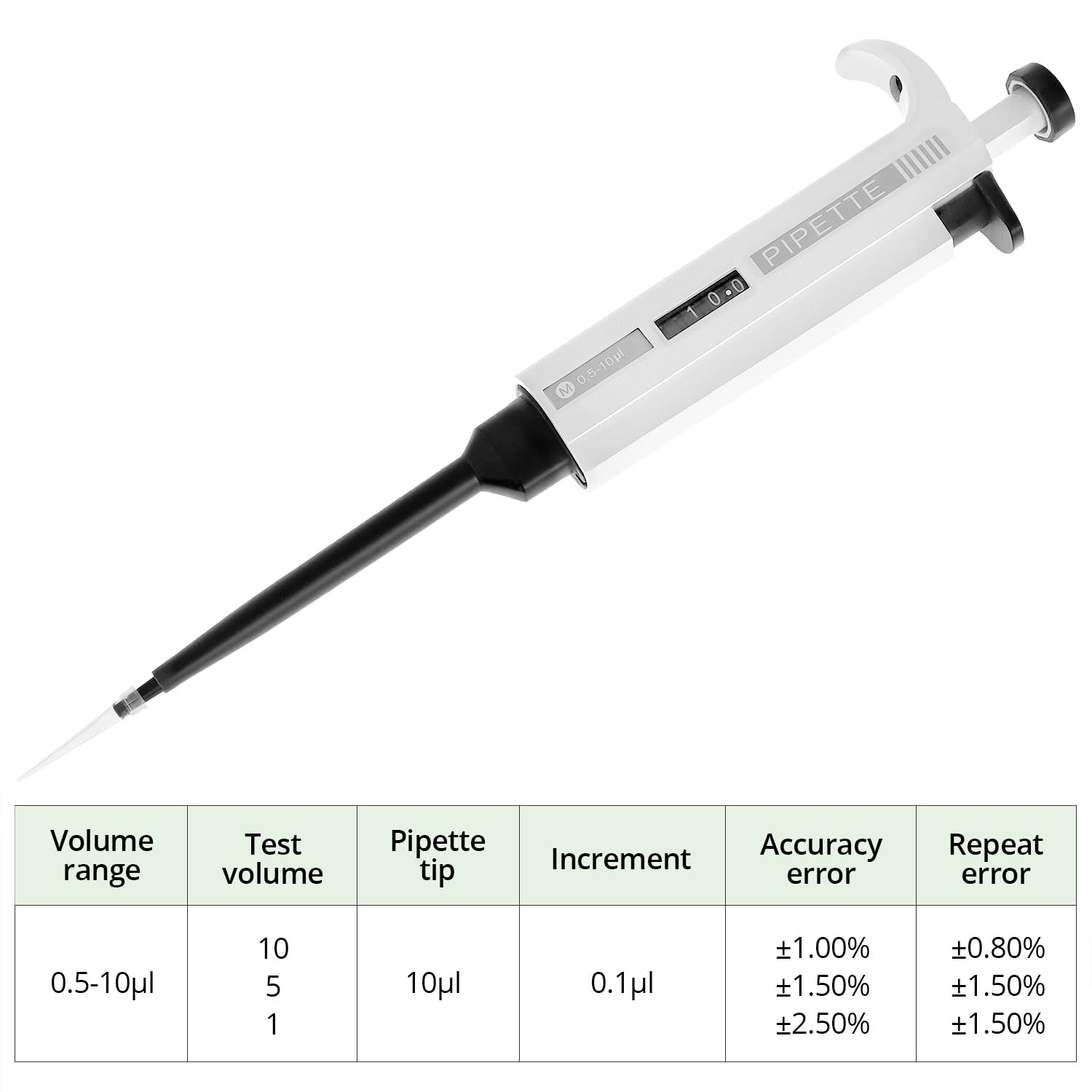QWORK® 0.5μl-10μl Pipetta micropipetta da laboratorio a canale singolo ad alta precisione regolabile