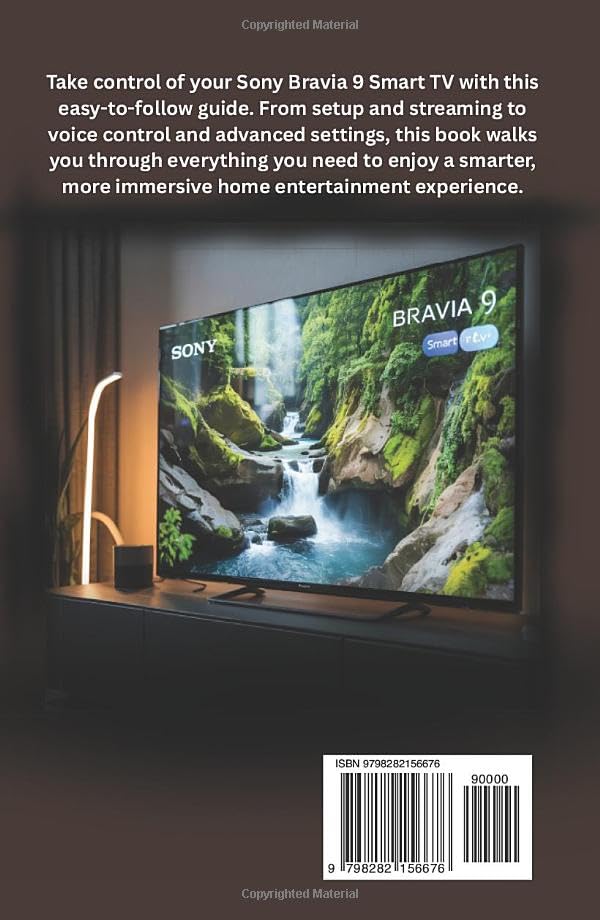 Back cover of the 'Mastering Sony Bravia 9 Smart TV User Guide' book, showing a Sony Bravia TV displaying a waterfall scene and an ISBN barcode.