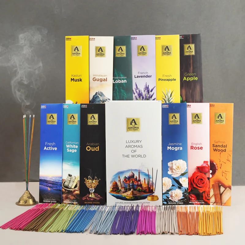 Image of The Aroma Factory Premium Incense Sticks for Pooja | Set of 12 Fragrances Gift Pack 12 (Luxury Aromas of The World)